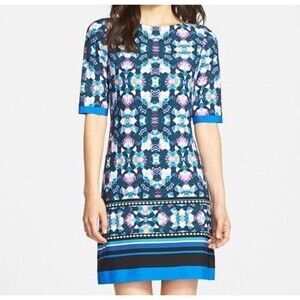 Eliza J. Women Shift Dress Women's Sz 8 Slinky Stretch Multicolored Short Sleeve
